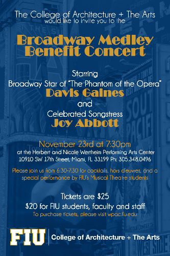 Broadway Medley Benefit Concert featuring Joy Abbott and Davis Gaines to benefit FIU Musical Theatre  Nov 23