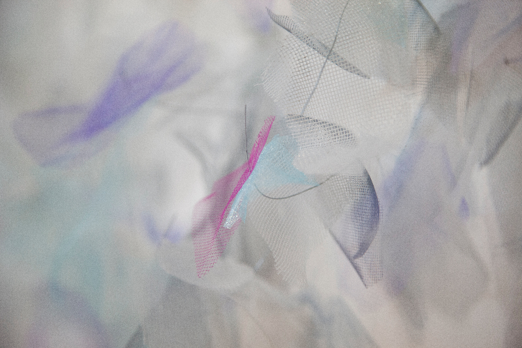 Still, 2014, untitled installation detail,  mesh, tulle fabric, wire dimensions variable